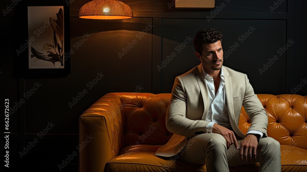 Model emphasizing approachability in a light-colored blazer, set in a lounge area with plush seating.