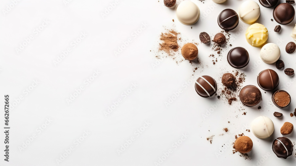 minimalistic with background with pralines and chocolate, top view, empty copy space minimalistic with background with pralines and chocolate, top view, empty copy space