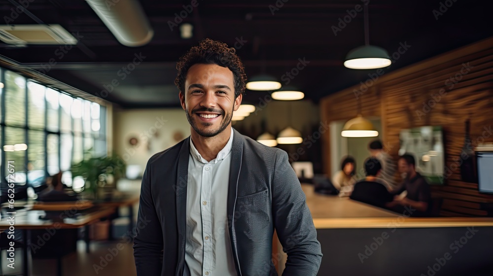 Model in a business-casual attire, subtly smiling, set in a collaborative co-working space. Model in a business-casual attire, subtly smiling, set in a collaborative co-working space.