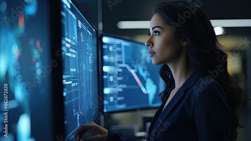 Model emphasizing her strategic thinking in a navy-blue attire, set in a tech-infused smart office. photo