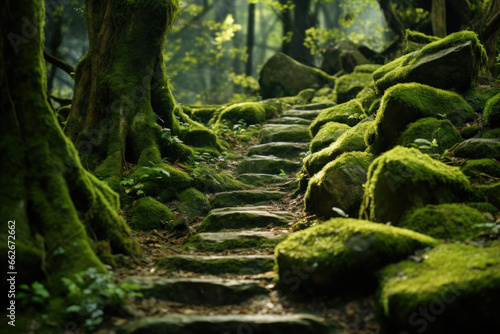 Photographie A moss covered old stone pathway in a forest