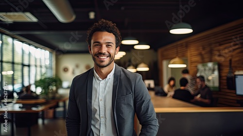 Model in a business-casual attire, subtly smiling, set in a collaborative co-working space.