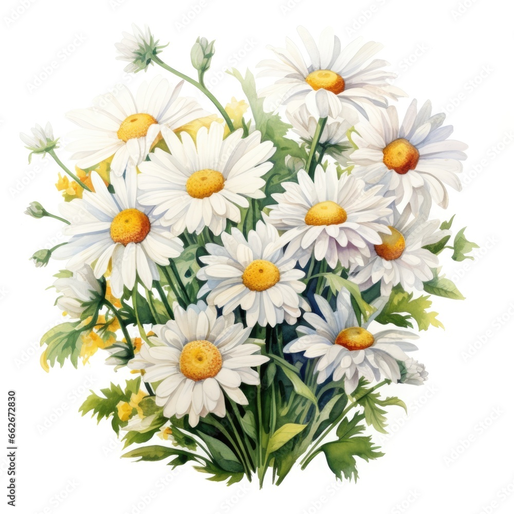 Obraz premium Bouquet of watercolor daisy flowers. Many chamomiles with leaves