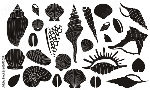 Black shells. Exotic seashells silhouettes of various shapes and forms, tropical marine animal mollusks flat icons. Vector isolated collection