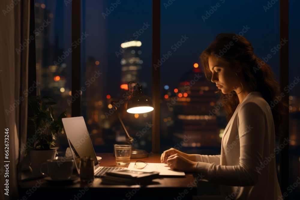Working late in an office: Business woman using laptop at her desk in evening near the big window. AI generative Working late in an office: Business woman using laptop at her desk in evening near the big window. AI generative
