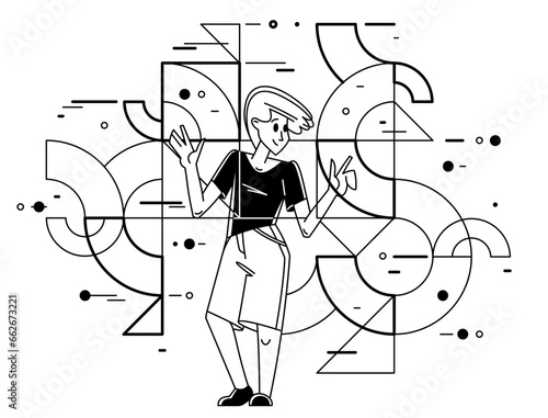 Inspired inventive designer or engineer composing abstract elements, creative worker doing some job and creating some system, vector outline illustration.