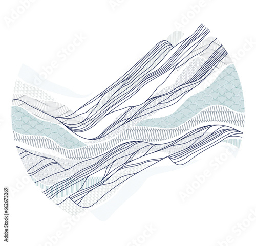 Nature art oriental Japanese style vector abstract background in a shape of circle, runny like water shapes and lines with textures.