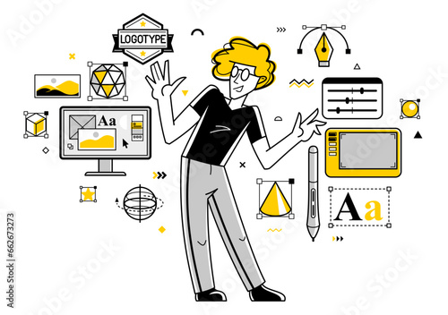 Graphic designer doing some creative job using computer software, digital visual artist working on a project vector outline illustration, composing and editing.