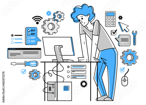 Technician computer engineer repairing pc vector outline illustration, fixing system work with software and hardware, system administrator.