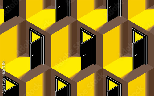 Doors seamless vector background, surreal 3D dimensional interior theme.