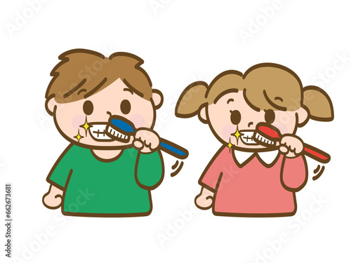 歯磨きをする男の子と女の子_小学生低学年_幼児