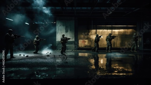 A group of military with weapons training at night