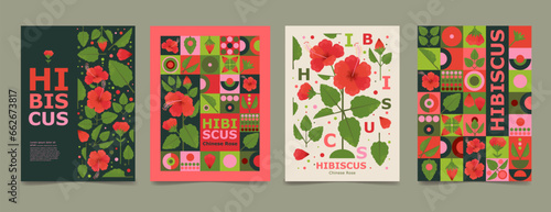 Set poster, brochure with Hibiscus drawing. Isolated flower and leaves. Cards geometry for print design vector banner