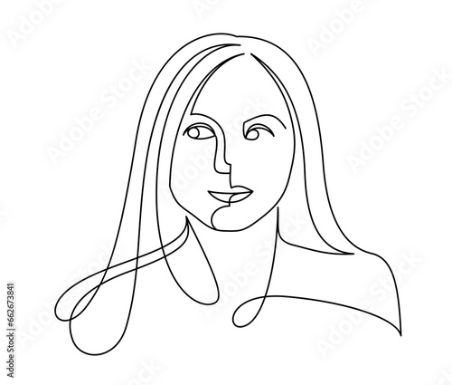 Woman beauty face vector linear illustration, delicate line art of attractive girl portrait, abstract feminine drawing minimal style isolated.