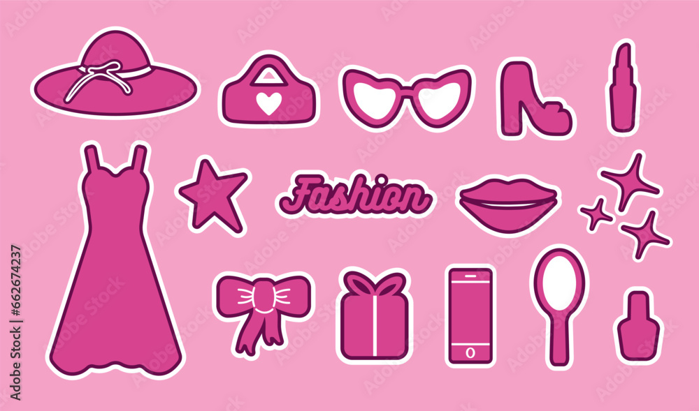 Popular pink collection for girls. a heart, a daisy, a hat, a shoe, a butterfly, a star, dress. logo, sticker, isolated elements on a pink background. for print, banner, postcards. art barbie vector Popular pink collection for girls. a heart, a daisy, a hat, a shoe, a butterfly, a star, dress. logo, sticker, isolated elements on a pink background. for print, banner, postcards. art barbie vector