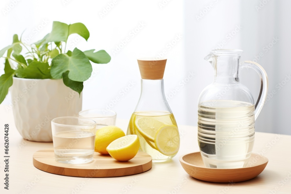 skincare products with carafe of filtered water