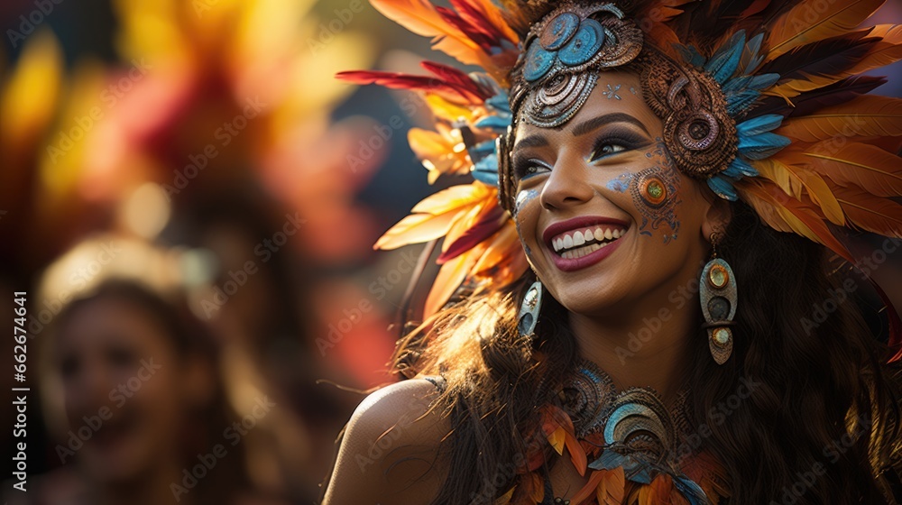Bright and colorful traditional Philippine festival. Filipino girl with ethnic makeup and a bright feather headdress - obrazy, fototapety, plakaty 
