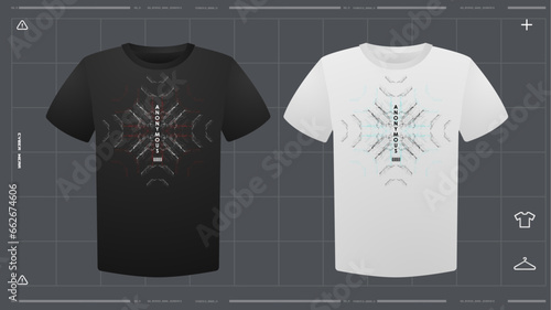 Men's t-shirt with futuristic print mockup. Front view. Vector template. Cyber Hud Design print.