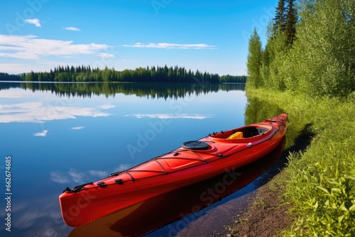 bright red kayak lying beside a serene lake © altitudevisual