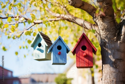 a trio of birdhouses on a tree