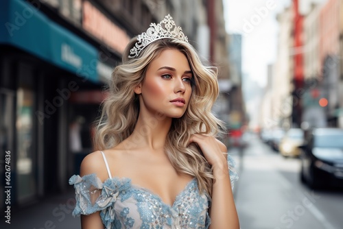A beautiful blonde girl in a precious diamond crown with dark hair in a summer dress walks along the streets of the city. Fashionable romantic image of a beauty queen. © photolas