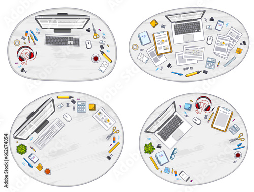 Office desks workspaces top view with PC and laptops  and diverse stationery objects for work, overhead look. All elements are easy to use separately or recompose the illustrations. Vector set.