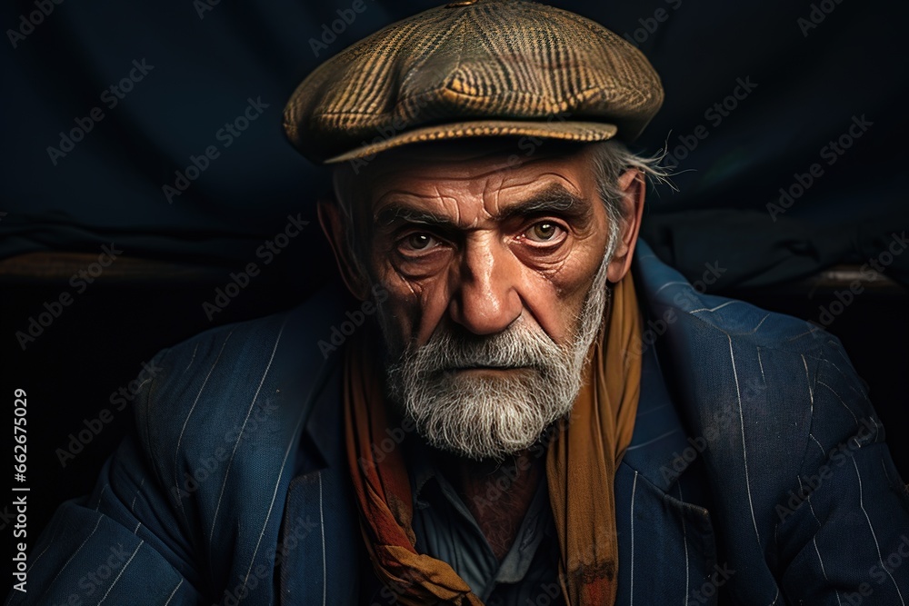 A fashionable, positive elderly man with gray hair and a beard in stylish bright clothes sits in the studio against a dark background. Old, confident hipster, close-up, dramatic lighting.
