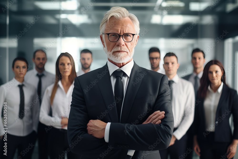 Elderly man business boss standing befor office workers in a team portrait representing success and human resources. Elderly man business boss standing befor office workers in a team portrait representing success and human resources.