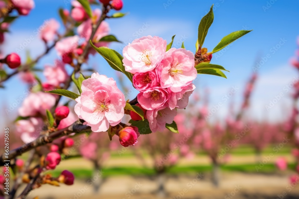 pink blossoms blooming on a peach tree in an orchard pink blossoms blooming on a peach tree in an orchard