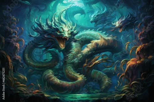 Ancient sea serpents, guardians of hidden treasures beneath the ocean depths - Generative AI