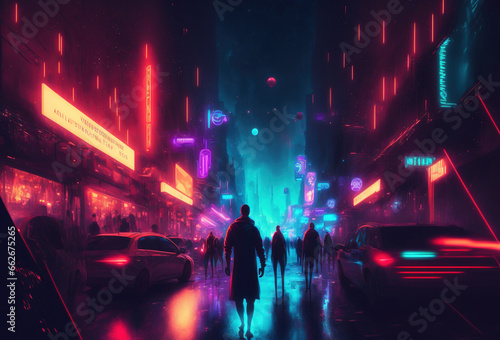 Dark silhouettes of people, rain, reflections in the wet asphalt. Night city street illuminated by neon light. 3D rendering. AI generated. © photolas