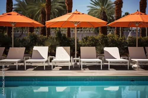 lounge chairs arranged by a resort pool