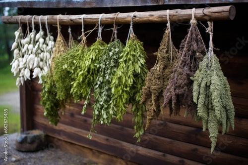 medicinal herbs drying on wooden boards