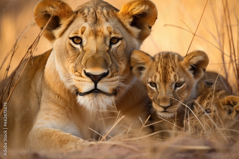 a lioness sharing her with her cubs