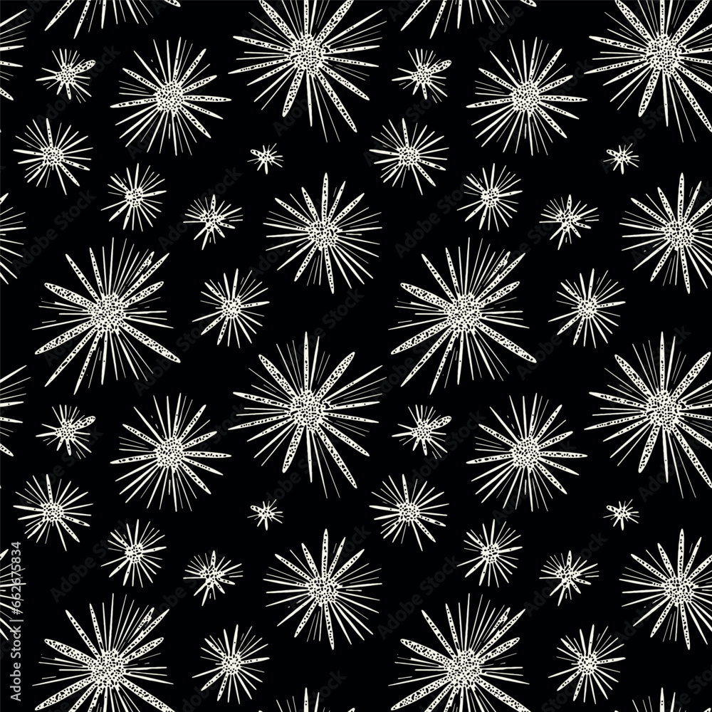 Vector seamless pattern.Monochrome exploding spots. Modern repeating texture. Fancy starry print. Stylized fireworks for holiday design. Vector seamless pattern.Monochrome exploding spots. Modern repeating texture. Fancy starry print. Stylized fireworks for holiday design.