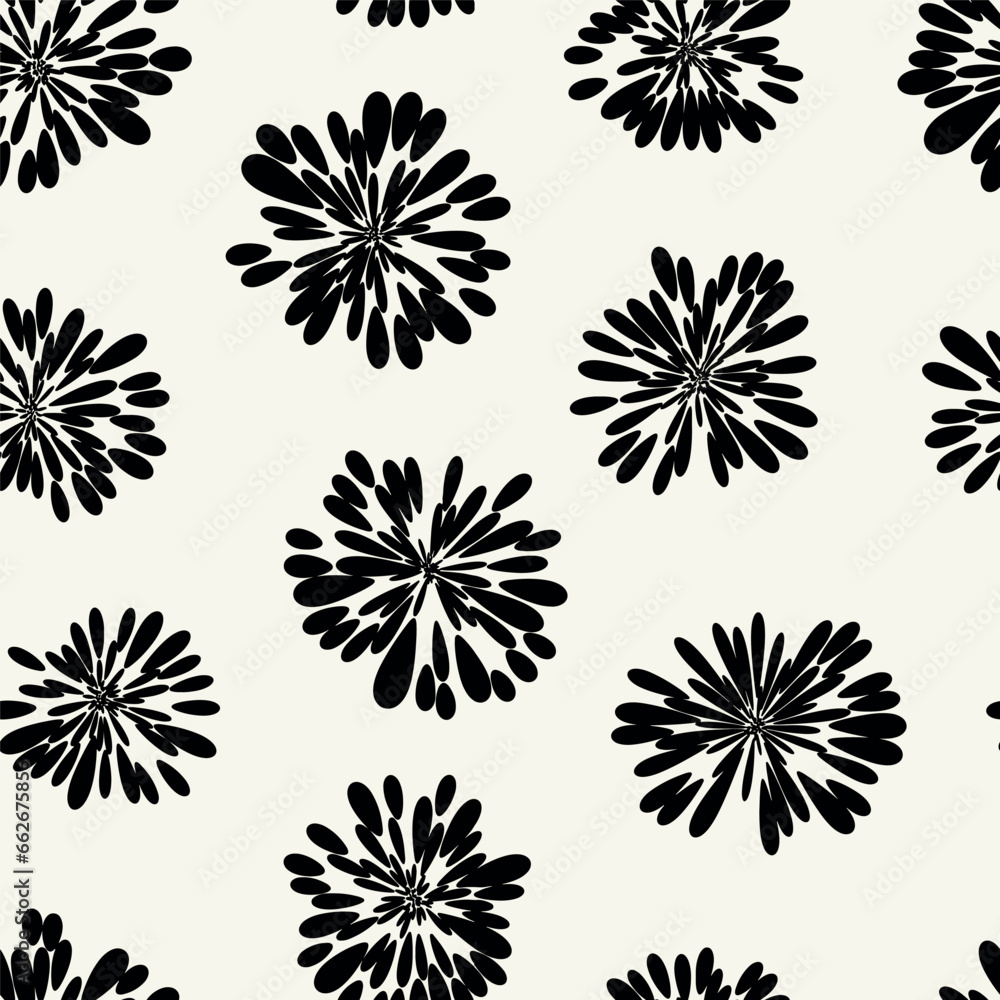 Obraz premium Vector seamless pattern.Monochrome exploding spots. Modern repeating texture. Fancy starry print. Stylized fireworks for holiday design.