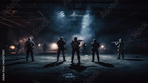 A group of military with weapons training at night © cherezoff