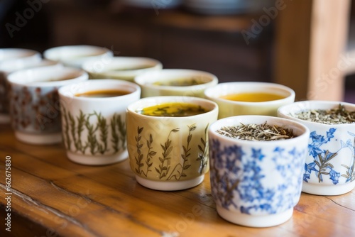 a row of tea cups with variations of calming herbal tea