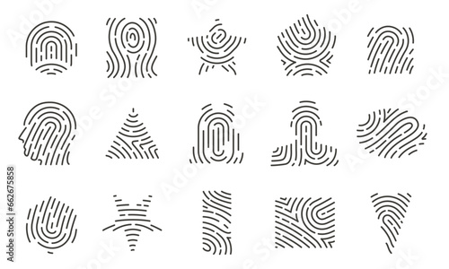 Fingerprint shapes. Minimalistic circular fingerprint icons, face thumbprint and iris scan, id card and security protection. Vector isolated set