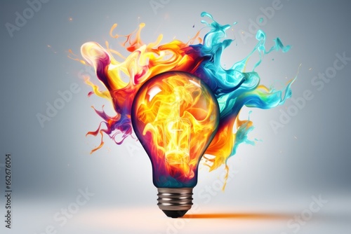 Creative light bulb explodes with colorful paint and colors. New idea, brainstorming concept. Banner