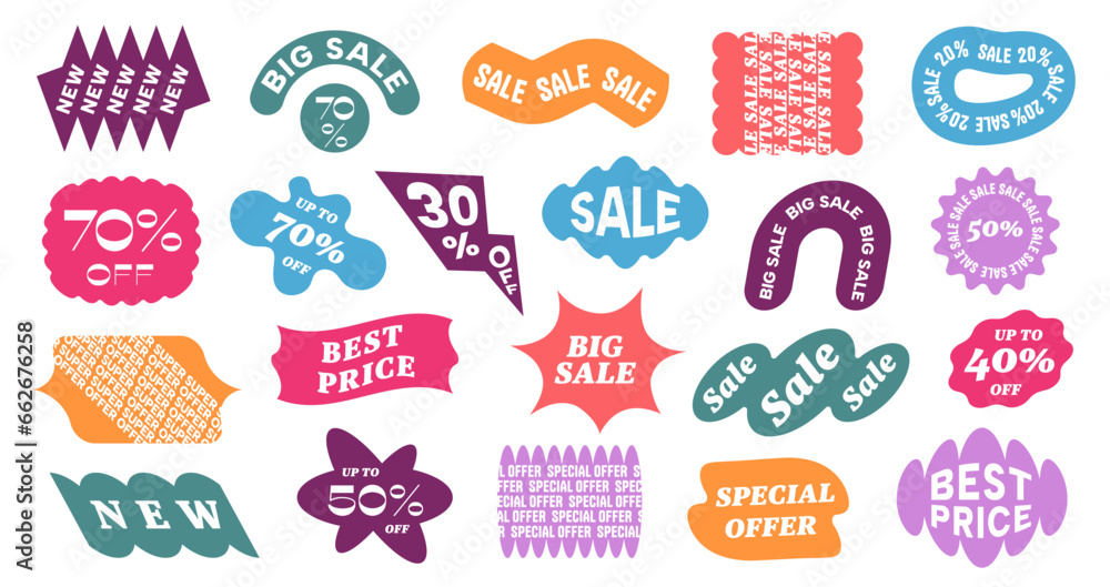 Sale modern stickers. Abstract minimalist labels with trendy geometric shapes, flat banner stickers with price off offer. Vector collection