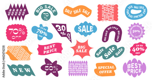 Sale modern stickers. Abstract minimalist labels with trendy geometric shapes, flat banner stickers with price off offer. Vector collection