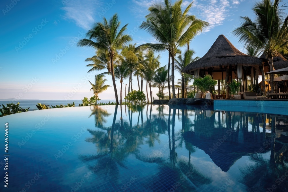 exotic tropical resort with infinity pool and palm trees