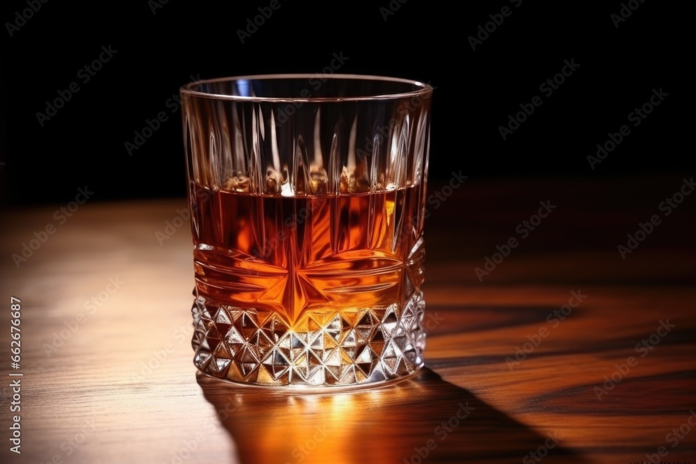 crystal glass of fine whiskey on a mahogany table crystal glass of fine whiskey on a mahogany table