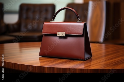 high-end designer handbag on a polished mahogany table © altitudevisual