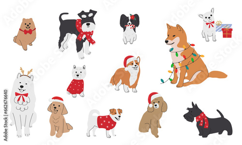 Collection of christmas dogs in hand drawn style. Collection of dog characters, flat illustration. Merry Christmas illustrations of cute pets with accessories