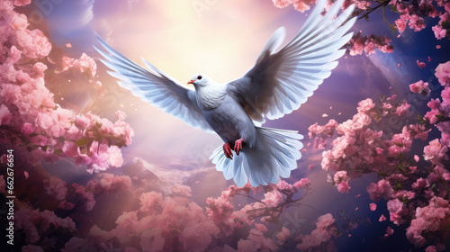 white dove flying over flower, symbol for peace