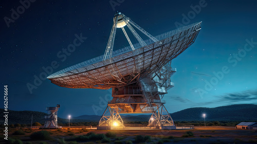 a Radio telescope dish  capturing signals from distant galaxies.