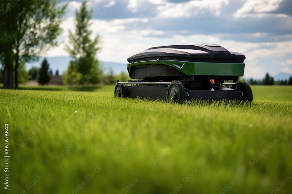 autonomous lawnmower mowing a green lawn