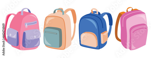 Cute colorful school bags set cartoon isolated on white background. 